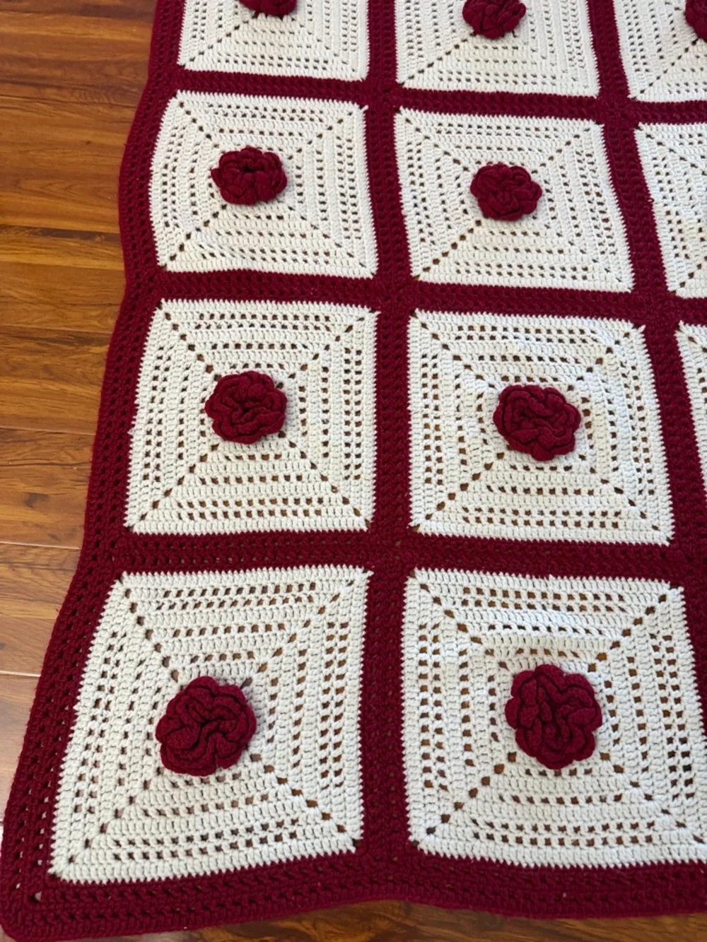 Handmade Crochet Floral Square Throw - Cream & Burgundy